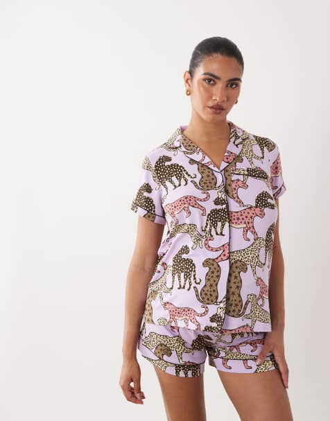 Chelsea Peers Maternity short sleeve revere top pyjama set in lilac leopard print  - view 1