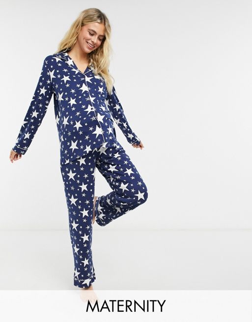Chelsea Peers Maternity star print shirt and pants pajama set in black and  white