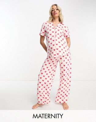 Chelsea Peers Maternity wide leg pyjama set in red chequer heart print