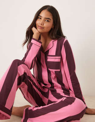 Chelsea Peers - Mehrfarbig gestreiftes, langärmliges Pyjama-Set aus Baumwolle mit Reverskragen-Rosa