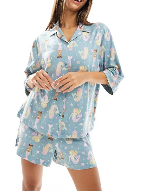 Chelsea Peers mermaid print boxy button up short set in teal
