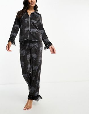 Chelsea Peers metallic rib zebra print button top and trouser pyjama set in black