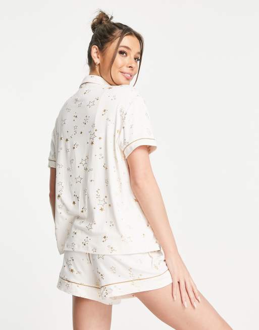 Chelsea Peers mini star print short pyjama set in cream, 3 of 4