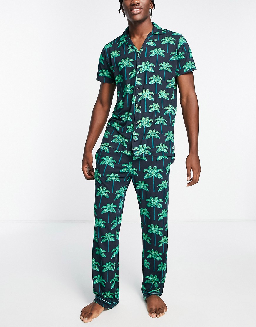 Chelsea Peers modal long pajama set in navy palm tree print