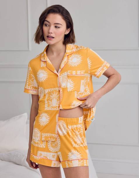 Chelsea Peers Modal stamp & tile print short pyjama set in mustard - view 1