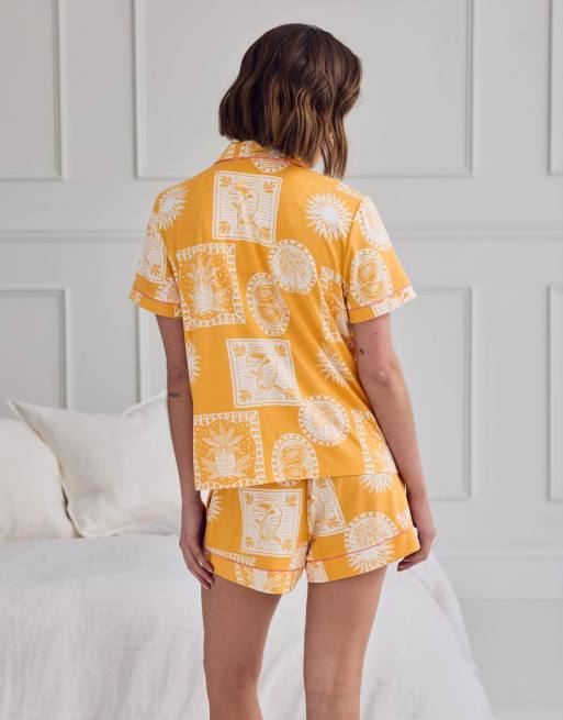 Chelsea Peers Modal stamp & tile print short pyjama set in mustard, 2 of 4