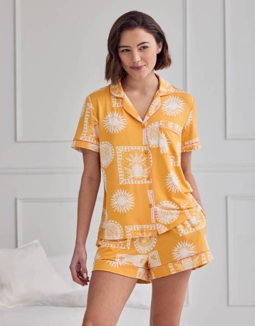Chelsea Peers Modal stamp & tile print short pyjama set in mustard, 3 of 4
