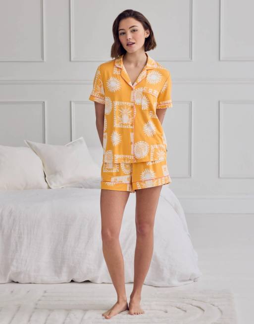 Chelsea Peers Modal stamp & tile print short pyjama set in mustard, 4 of 4