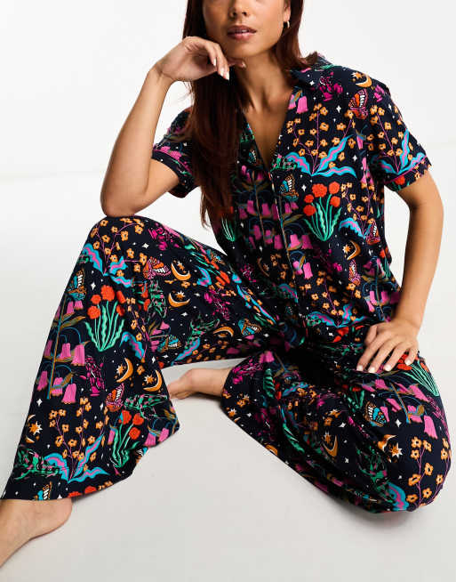 Chelsea Peers mystic floral long pyjamas in navy and pink