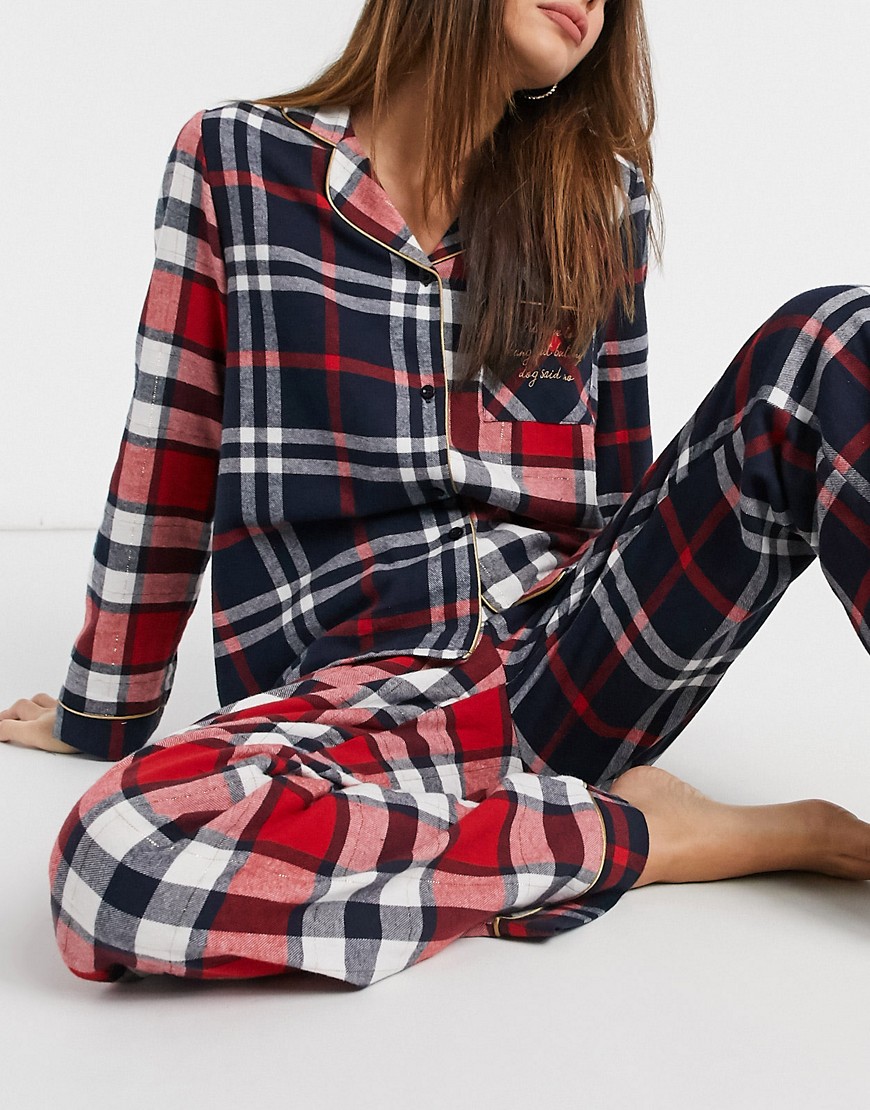 Chelsea Peers organic cotton mixed plaid long camp collar pajama set in red and navy