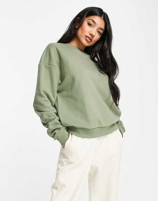 Chelsea Peers oversized sweatshirt with woven logo tab in sage | ASOS