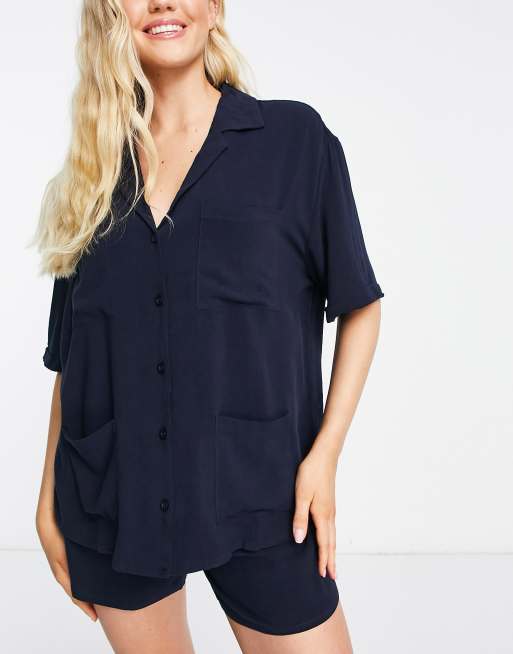 Chelsea Peers oversized utility style shirt and shorts set in navy
