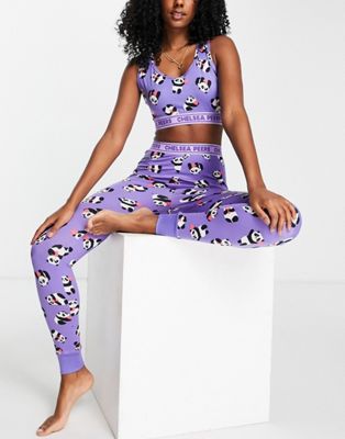 Chelsea Peers panda heart bra and legging pyjama set in purple