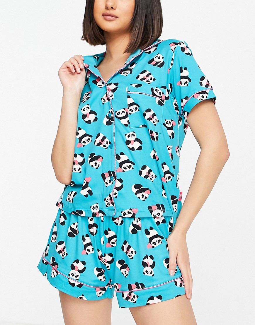 Chelsea Peers panda heart short button up pajama set in blue-Green