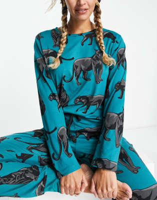 Chelsea Peers panther print top and jogger pyjama set in teal