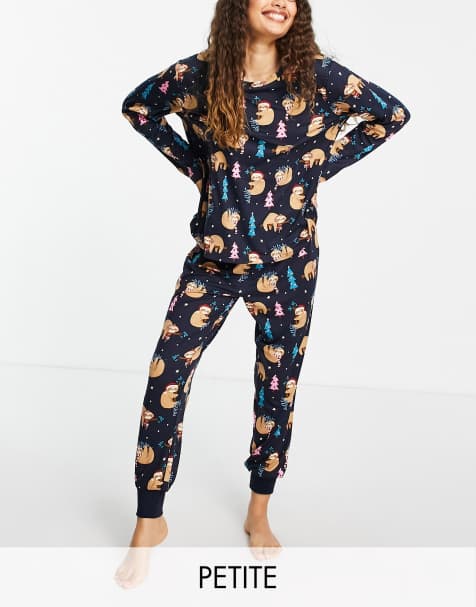 Chelsea Peers Petite Christmas sloth long pyjamas in navy - view 1