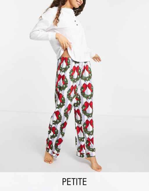 Chelsea Peers Petite Christmas wreath long pajamas with henley top in blue and white ASOS