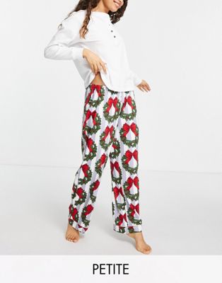 Chelsea Peers Petite christmas wreath long pyjamas with henley top in blue and white