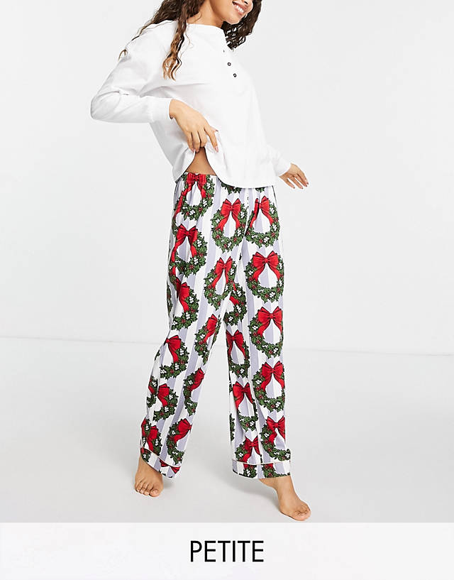 Chelsea Peers - petite christmas wreath long pyjamas with henley top in blue and white