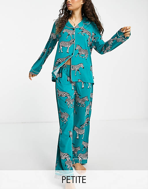 Lingerie & Nightwear Chelsea Peers Petite eco jersey revere top and trouser pyjama set in turquoise zebra 