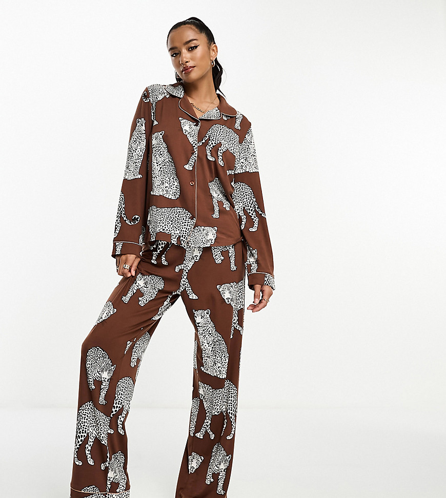 Exclusive leopard print jersey button top and pants pajama set in brown