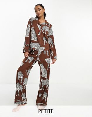 Chelsea Peers Petite Exclusive leopard print jersey button top and trouser pyjama set in brown - ASOS Price Checker