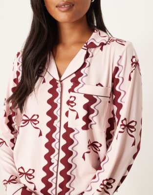 Chelsea Peers Petite Exclusive Poly Long Sleeve Revere Pajama Set In Pink