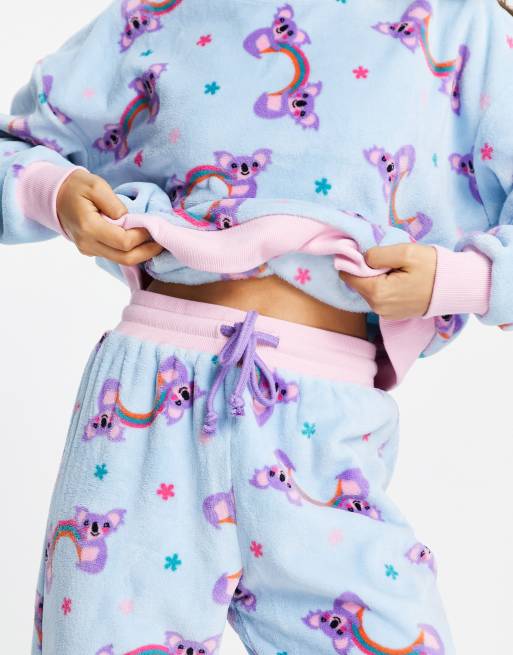 Chelsea Peers Petite fleece pajama set in rainbow koala print