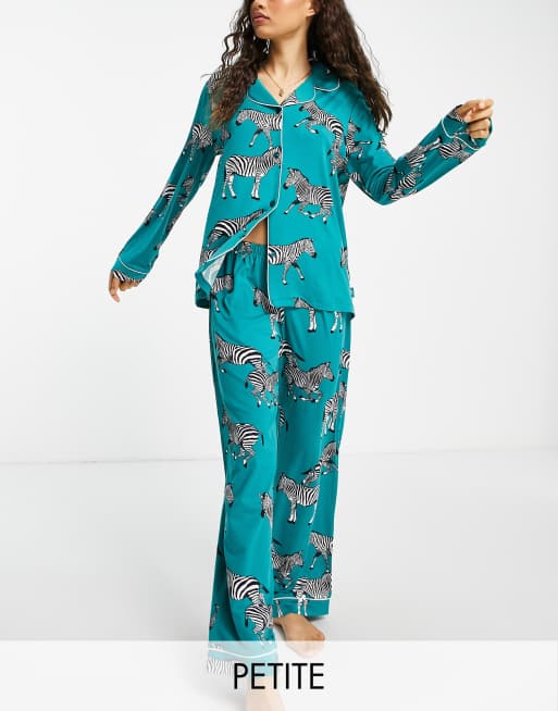 Chelsea Peers Petite jersey revere top and pants pyjama set in turquoise zebra - TURQUOISE