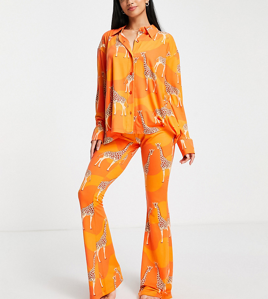 Chelsea Peers Petite long pajama set in orange giraffe print
