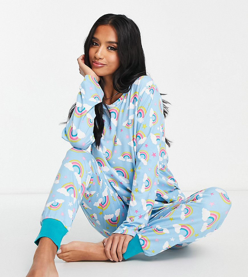 Chelsea Peers Petite long sleeve and cuff pants pajama set in light blue rainbow print