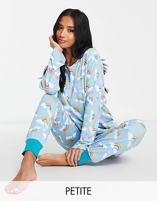 Chelsea Peers Petite long sleeve and cuff pants pajama set in light blue  rainbow print ASOS
