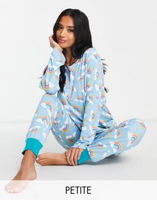 Chelsea Peers Petite long sleeve and cuff trouser pyjama set in light blue rainbow print - ASOS Price Checker