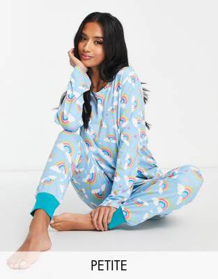 Chelsea Peers Chelsea Peers Petite long sleeve and cuff trouser pyjama set in light blue rainbow print