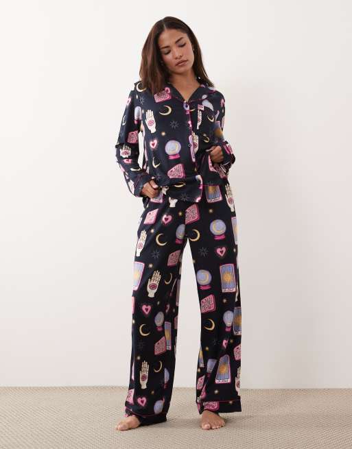Chelsea Peers Petite long sleeve pyjama set in navy tarot card print, 2 of 4