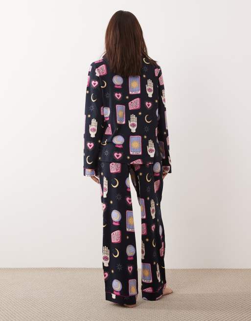 Chelsea Peers Petite long sleeve pyjama set in navy tarot card print, 4 of 4