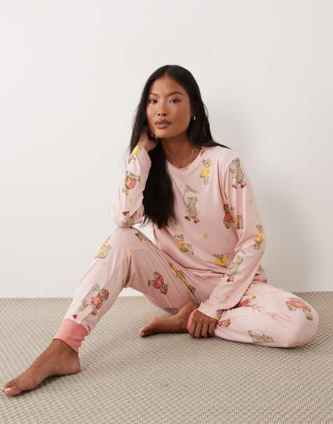 Chelsea Peers Petite long sleeve pyjama set in pink bear print - view 1