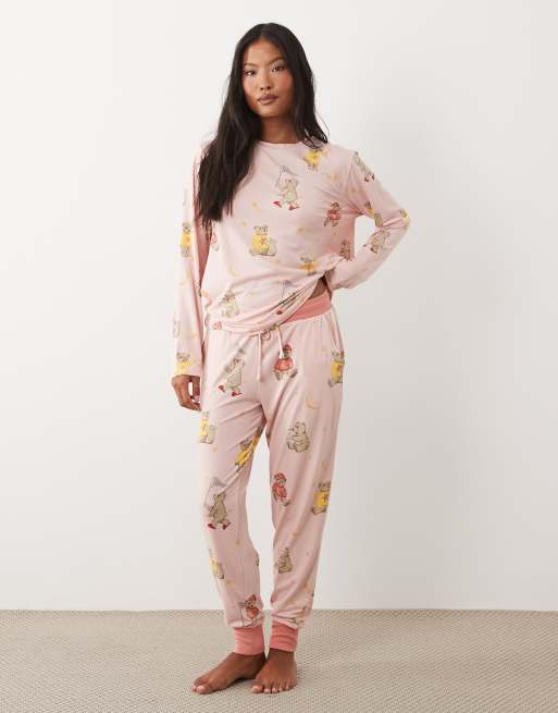Chelsea Peers Petite long sleeve pyjama set in pink bear print, 2 of 4