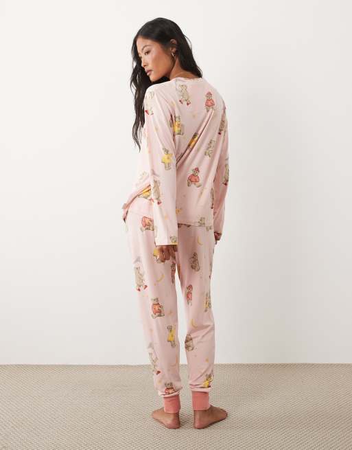 Chelsea Peers Petite long sleeve pyjama set in pink bear print, 3 of 4