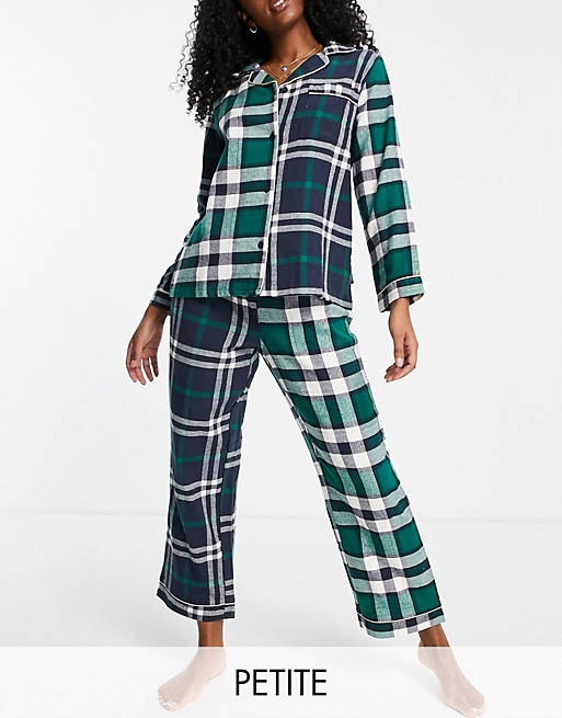 Lingerie & Nightwear Chelsea Peers Petite organic cotton revere top and trouser pyjama set in contrast check print 