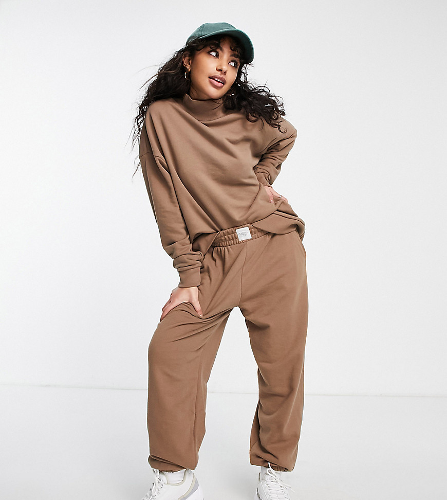 Chelsea Peers Petite oversized sweatshirt and sweatpants set with woven logo tab in taupe-Brown