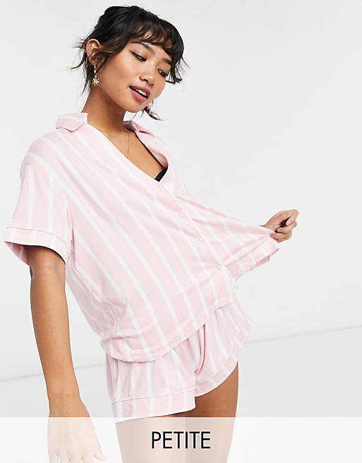 Chelsea Peers Petite pink striped shirt and shorts pyjama set | ASOS