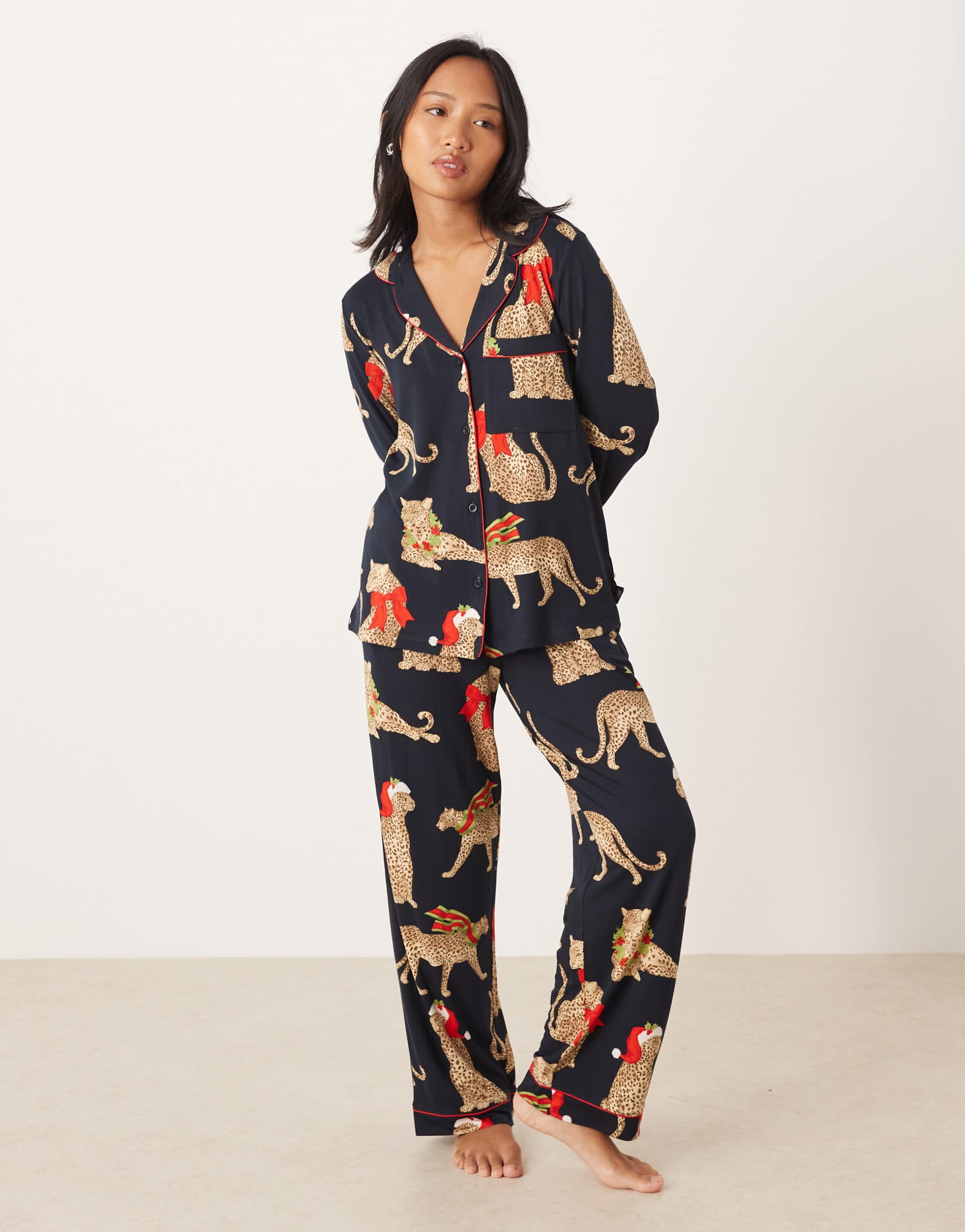 chelsea peers petite poly long sleeve camp collar pajama set in christmas leopard print