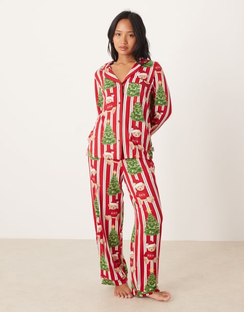Chelsea Peers Petite poly long sleeve camp collar pajama set in Christmas Teddy striped print - view 1