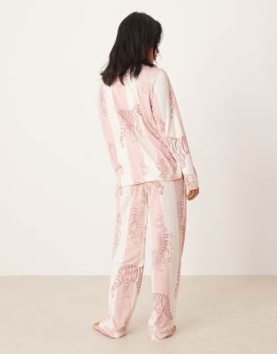 Chelsea Peers Petite Poly Long Sleeve Camp Collar Pajama Set In Pink