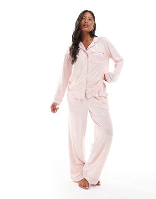Chelsea Peers Petite Poly Long Sleeve Camp Collar Pajama Set In Pink