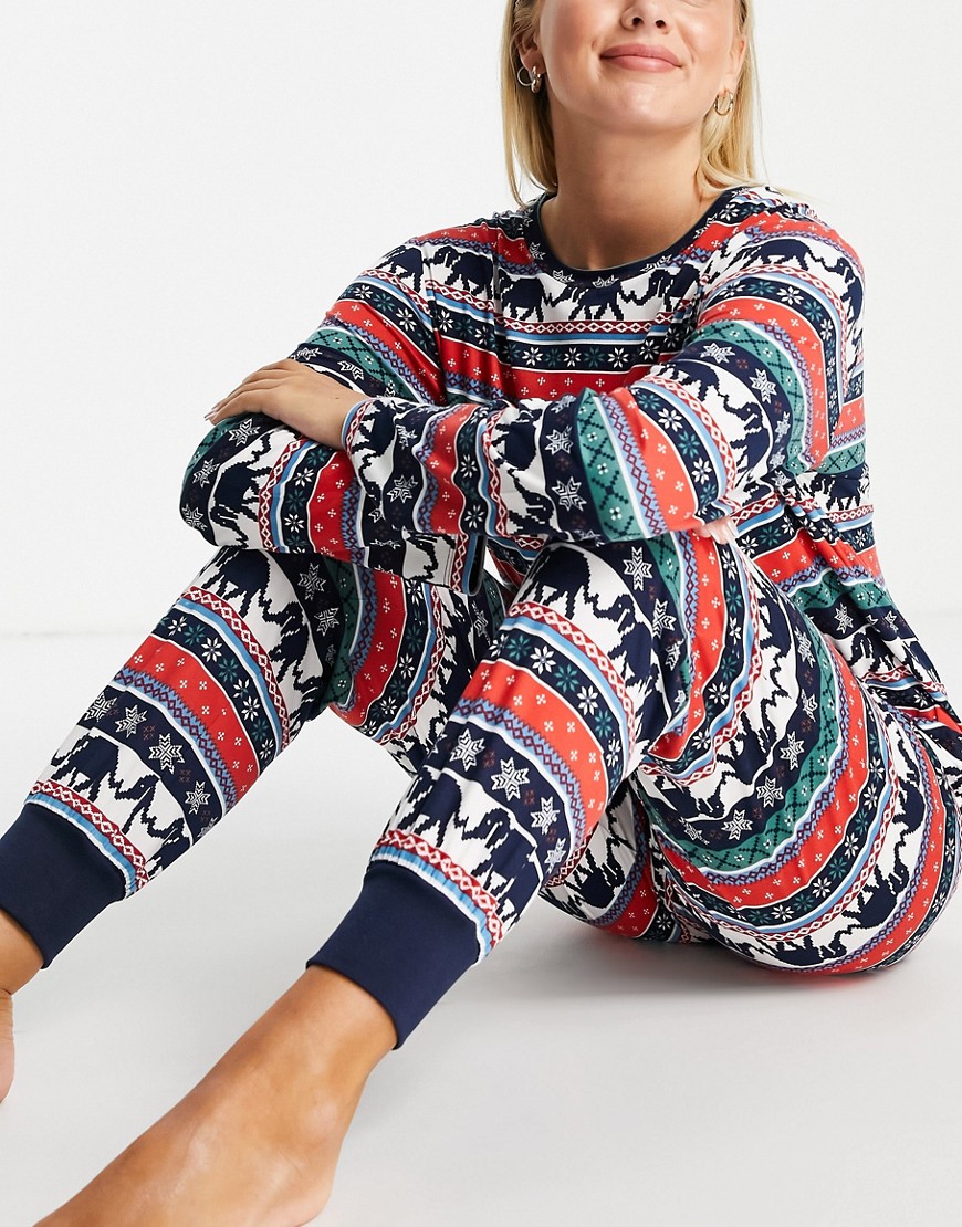 Chelsea Peers Petite poly long sleeve top and jogger pyjama set in elephant fairisle print - MULTI