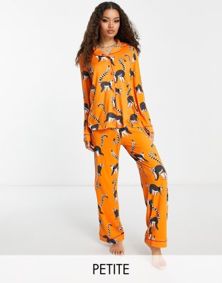 Chelsea Peers Petite polyester jersey lemur print button top and bottom pajama set in orange - ORANGE