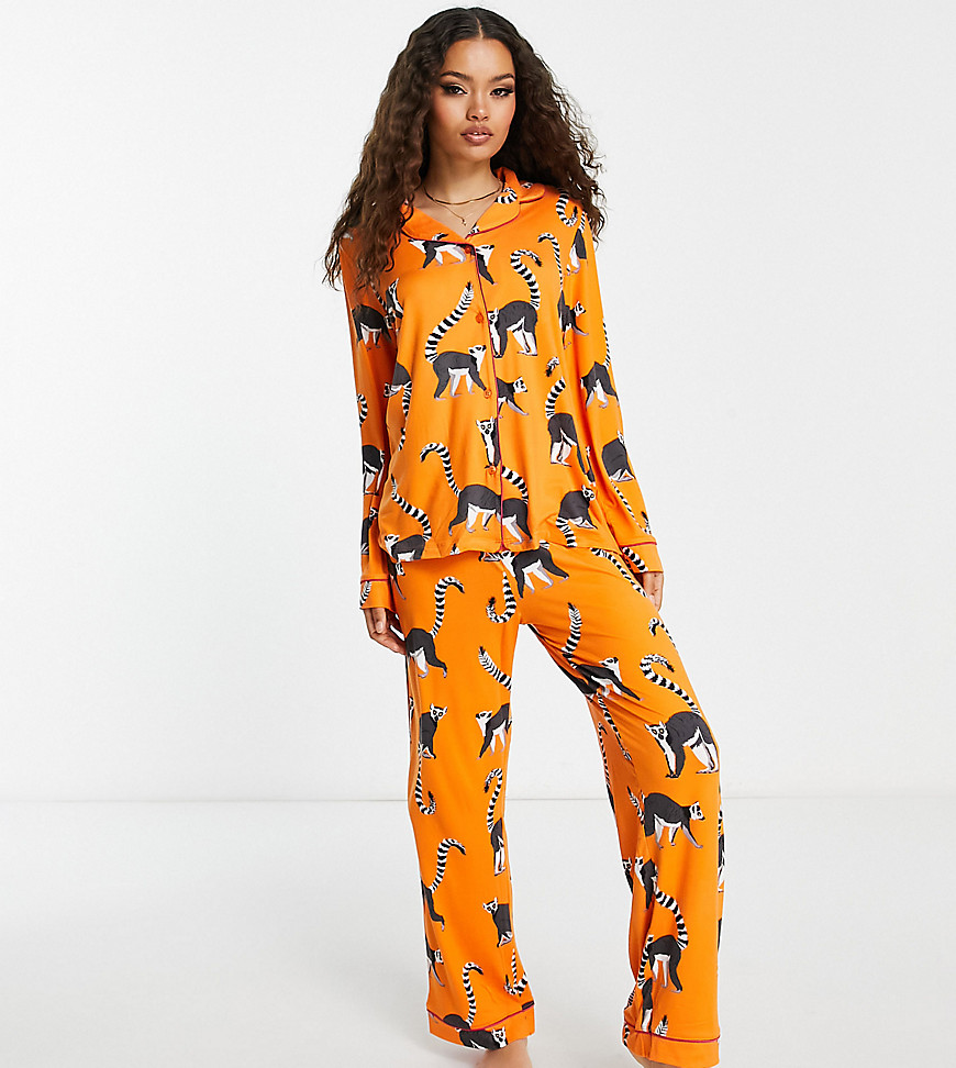 Chelsea Peers Petite polyester jersey lemur print button top and bottom pajama set in orange - ORANGE