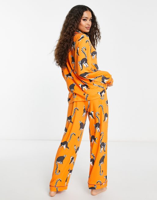 Chelsea Peers Petite polyester jersey lemur print button top and bottom pajama  set in orange - ORANGE